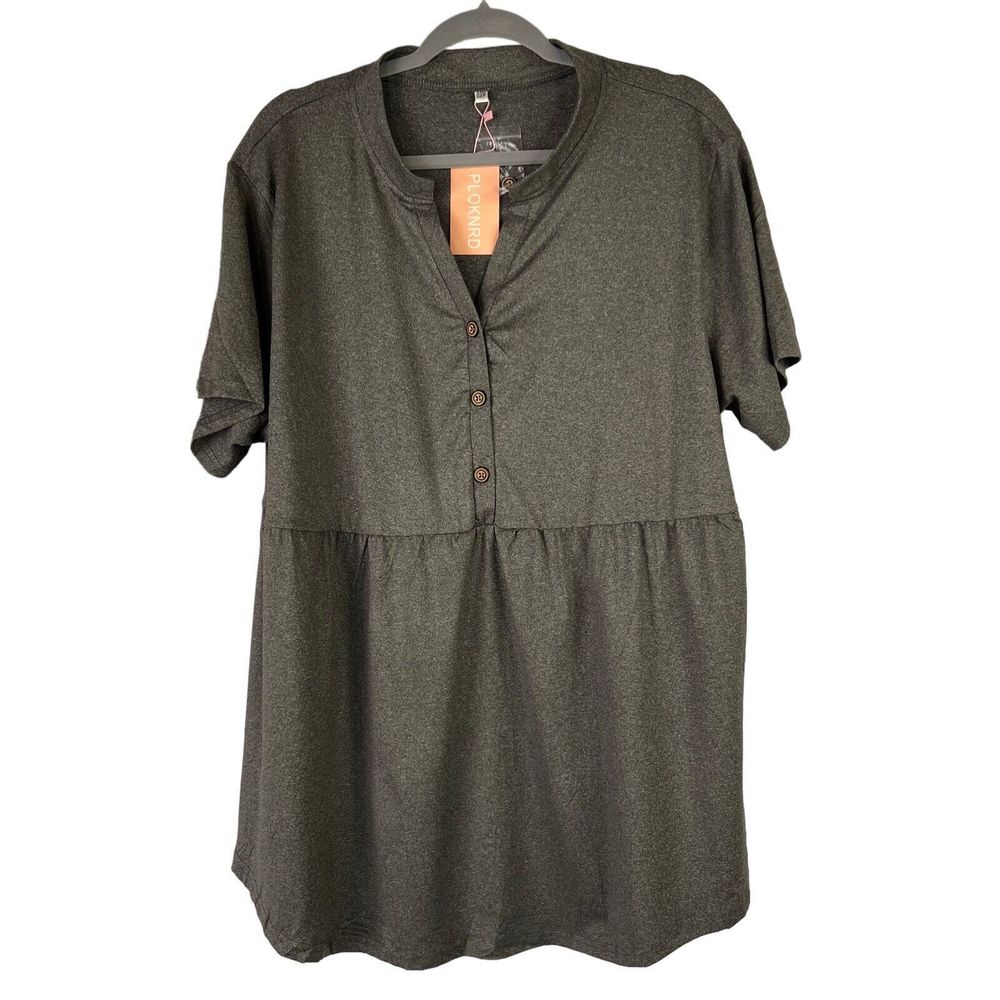 NWT Ploknrd Women's 22W Gray Sleeve Henley V-Neck Tunic T-Shirt Lightweight